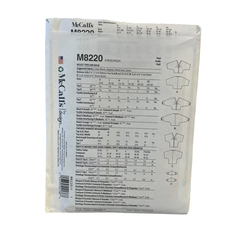 McCall's M8220 Misses' Top & Mask Y(XS-S-M) Modern Easy Sewing Pattern